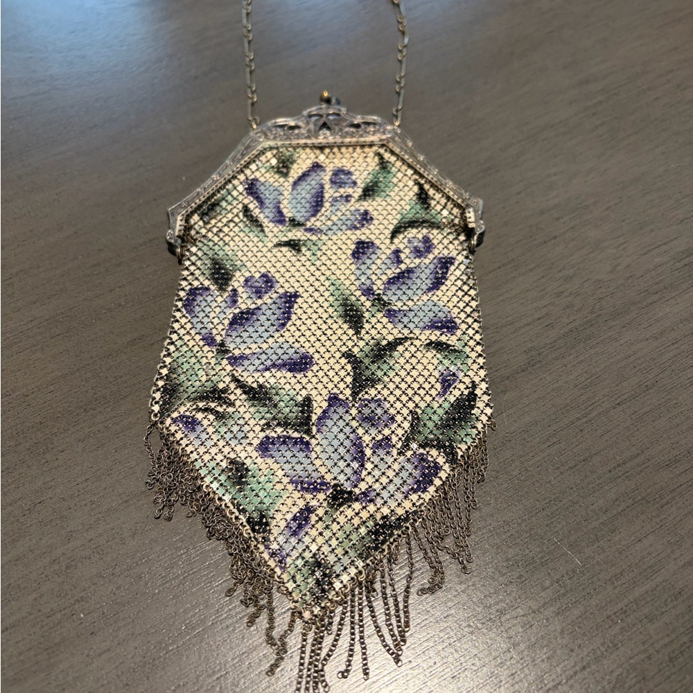 Vintage Floral Enamel 1920s Mesh Flapper Purse - Blue & Silver - Picture 2 of 5